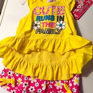Girls Long Tank With Ruffles And Floral Shorts, Yellow And Pink